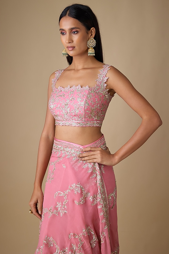 Pink Organza & Chiffon Hand Embroidered Ruffled Bridal Saree Set by Anushree Reddy at Pernia's Pop Up Shop