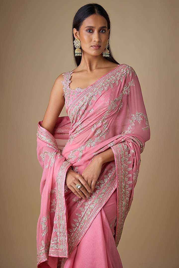 Pink Organza & Chiffon Hand Embroidered Ruffled Bridal Saree Set by Anushree Reddy at Pernia's Pop Up Shop