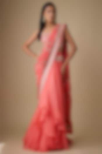 Coral Organza & Chiffon Hand Embroidered Ruffled Bridal Saree Set by Anushree Reddy at Pernia's Pop Up Shop