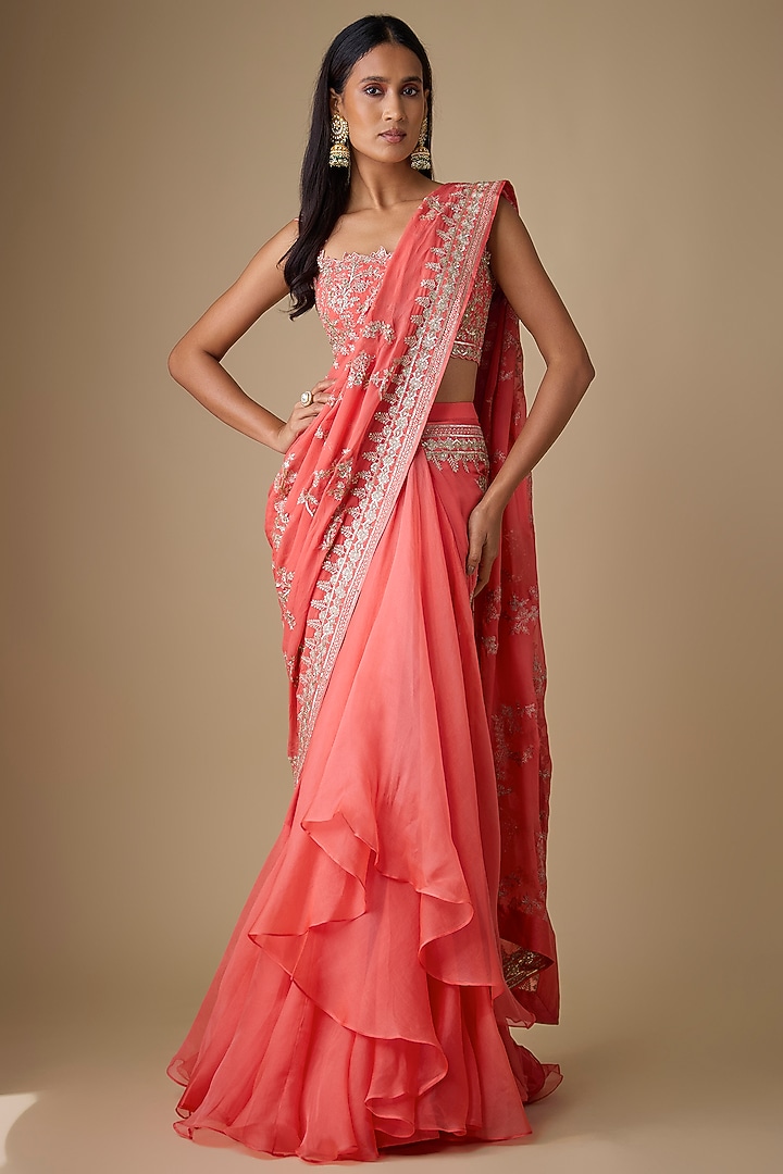 Coral Organza & Chiffon Hand Embroidered Ruffled Bridal Saree Set by Anushree Reddy at Pernia's Pop Up Shop