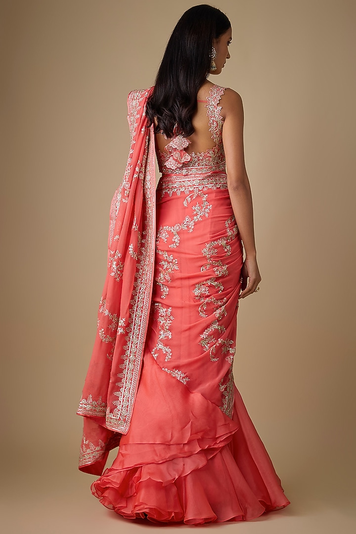Coral Organza & Chiffon Hand Embroidered Ruffled Bridal Saree Set by Anushree Reddy at Pernia's Pop Up Shop