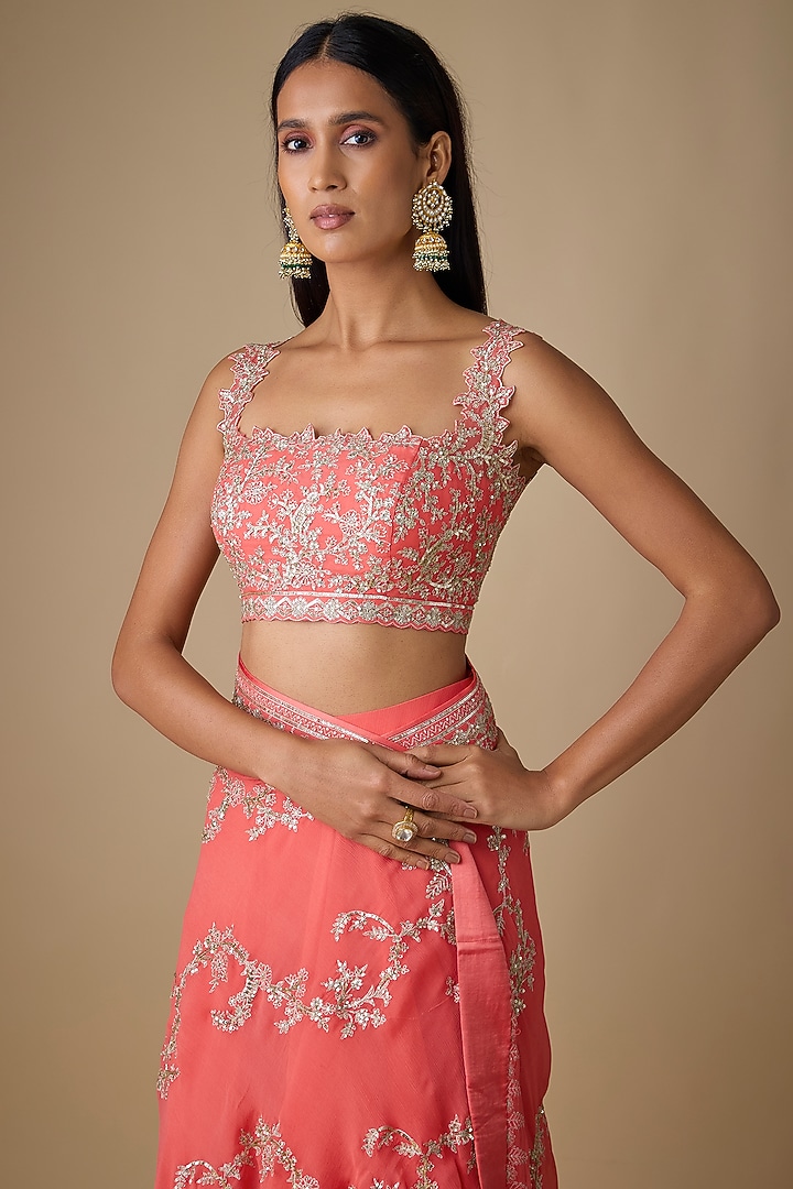 Coral Organza & Chiffon Hand Embroidered Ruffled Bridal Saree Set by Anushree Reddy at Pernia's Pop Up Shop