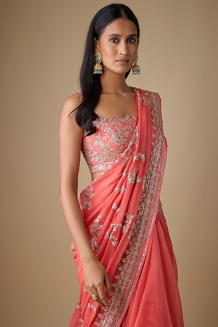 Coral Organza & Chiffon Hand Embroidered Ruffled Bridal Saree Set by Anushree Reddy at Pernia's Pop Up Shop