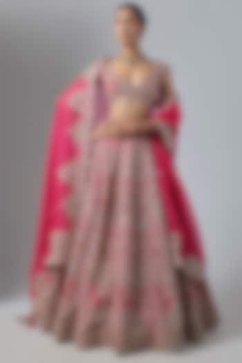 Reddish Pink Organza Embroidered Bridal Lehenga Set by Anushree Reddy at Pernia's Pop Up Shop