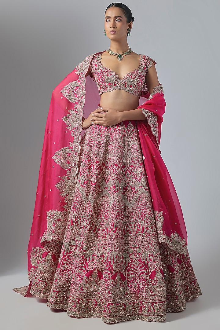 Reddish Pink Organza Embroidered Bridal Lehenga Set by Anushree Reddy at Pernia's Pop Up Shop