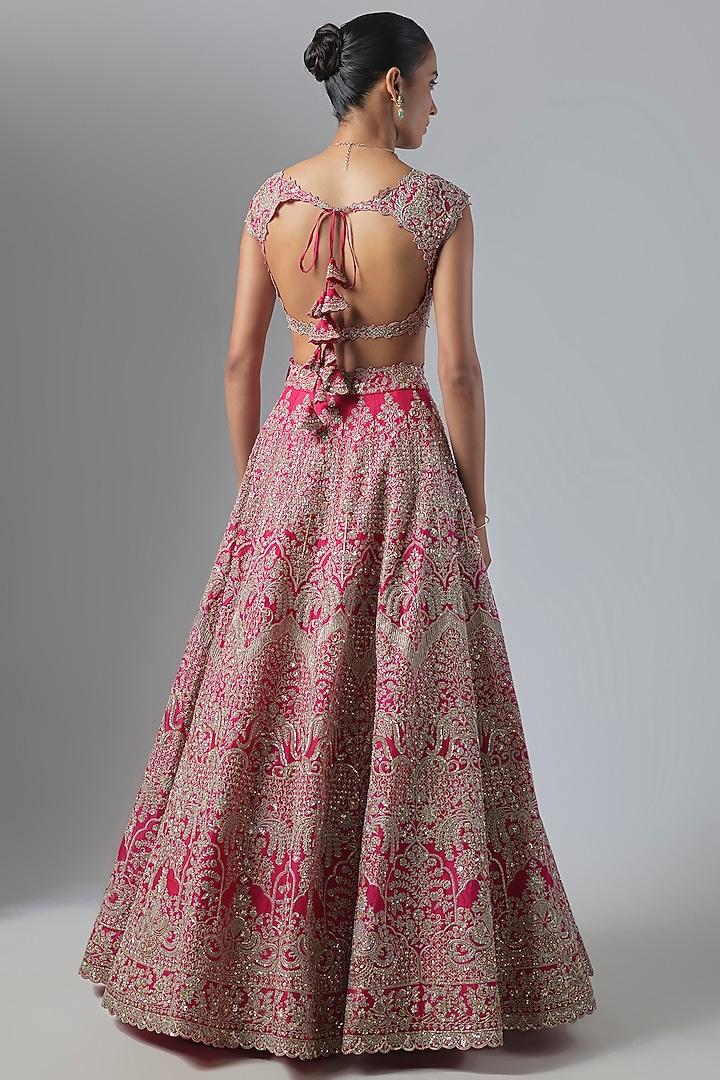 Reddish Pink Organza Embroidered Bridal Lehenga Set by Anushree Reddy at Pernia's Pop Up Shop