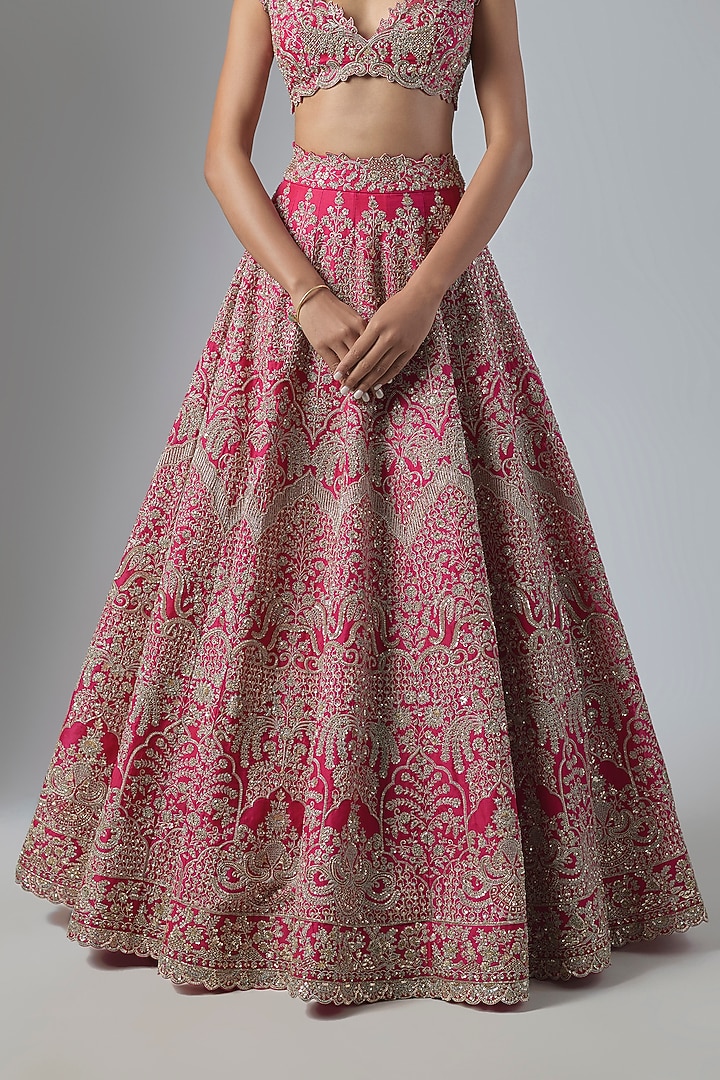 Reddish Pink Organza Embroidered Bridal Lehenga Set by Anushree Reddy at Pernia's Pop Up Shop