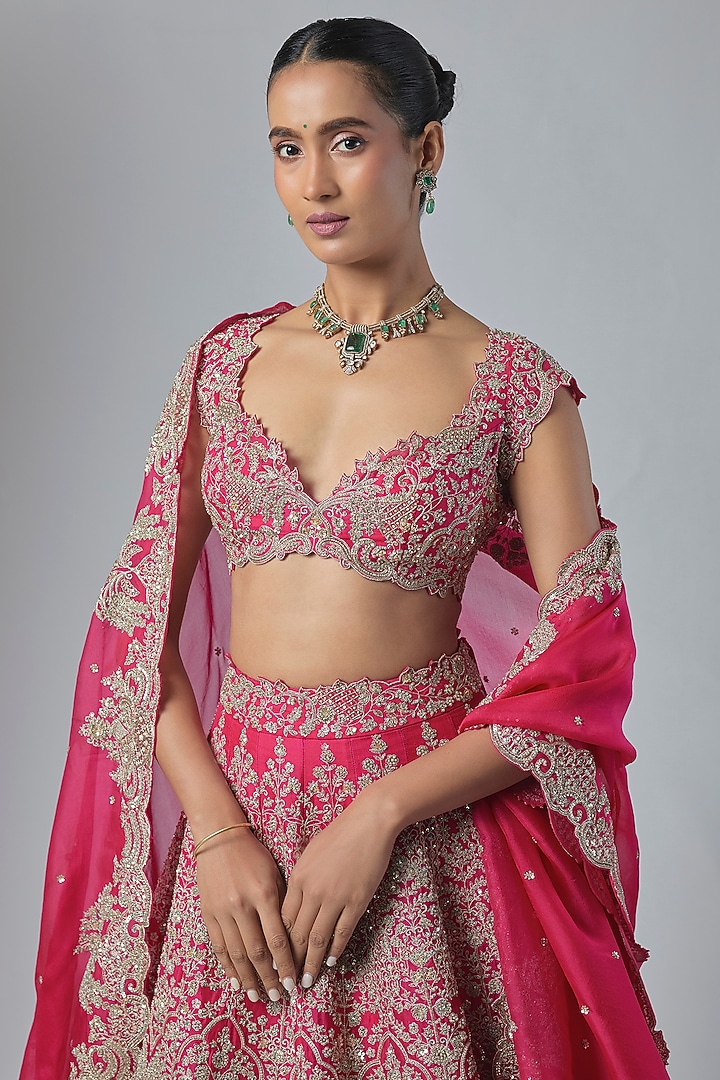 Reddish Pink Organza Embroidered Bridal Lehenga Set by Anushree Reddy at Pernia's Pop Up Shop