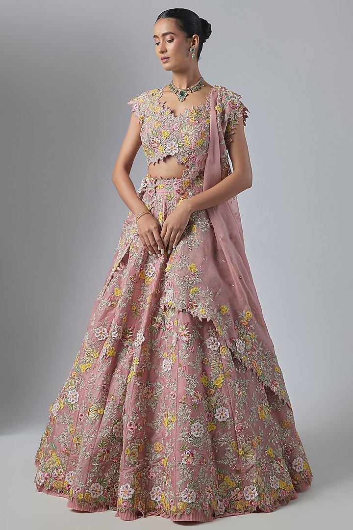 Onion Pink Organza Floral Embroidered Bridal Lehenga Set by Anushree Reddy at Pernia's Pop Up Shop