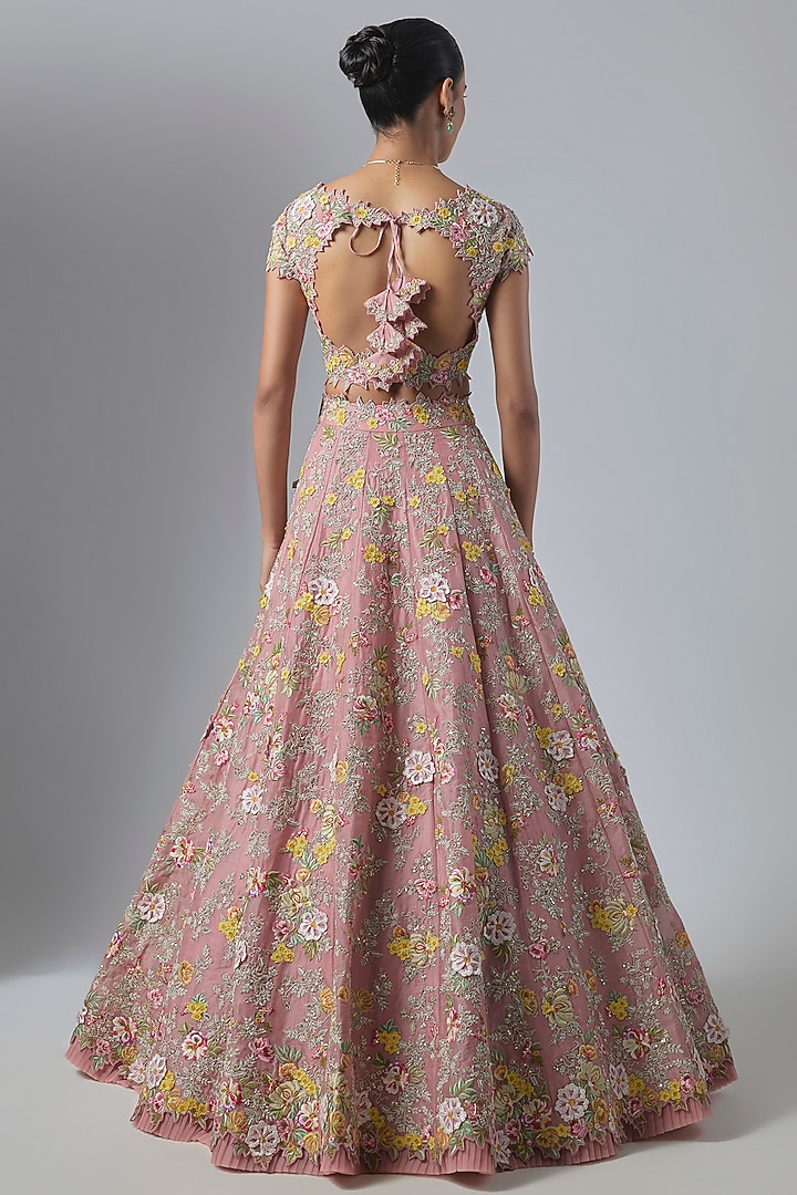 Onion Pink Organza Floral Embroidered Bridal Lehenga Set by Anushree Reddy at Pernia's Pop Up Shop
