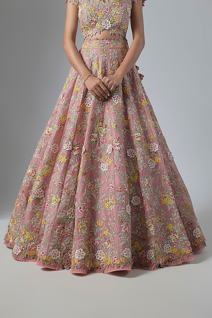Onion Pink Organza Floral Embroidered Bridal Lehenga Set by Anushree Reddy at Pernia's Pop Up Shop