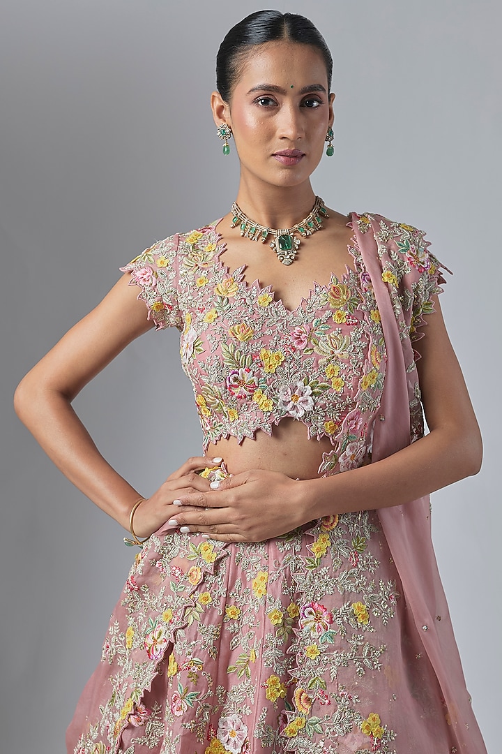 Onion Pink Organza Floral Embroidered Bridal Lehenga Set by Anushree Reddy at Pernia's Pop Up Shop