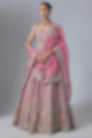 Lotus Pink Organza Embroidered Bridal Lehenga Set by Anushree Reddy at Pernia's Pop Up Shop