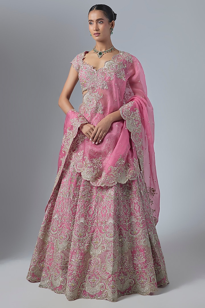 Lotus Pink Organza Embroidered Bridal Lehenga Set by Anushree Reddy at Pernia's Pop Up Shop