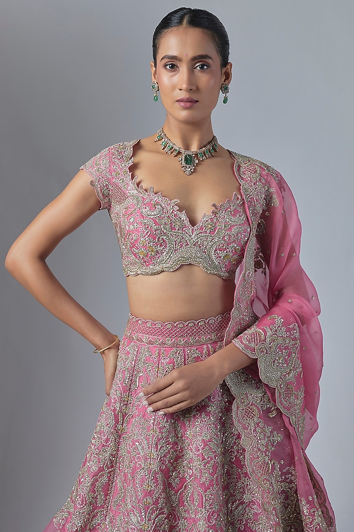 Lotus Pink Organza Embroidered Bridal Lehenga Set by Anushree Reddy at Pernia's Pop Up Shop