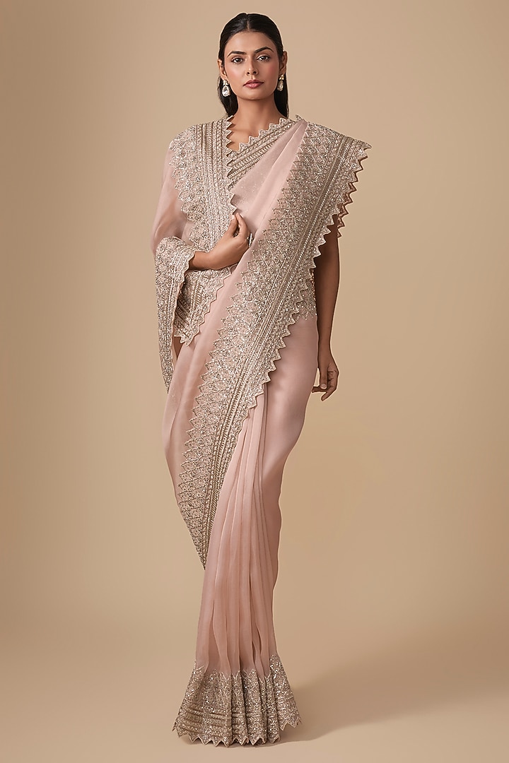 Pink Organza Hand Embroidered Bridal Saree Set by Anushree Reddy at Pernia's Pop Up Shop