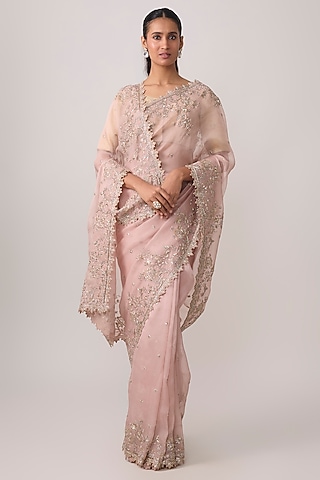Blush Pink Organza Hand Embroidered Saree Set by Anushree Reddy