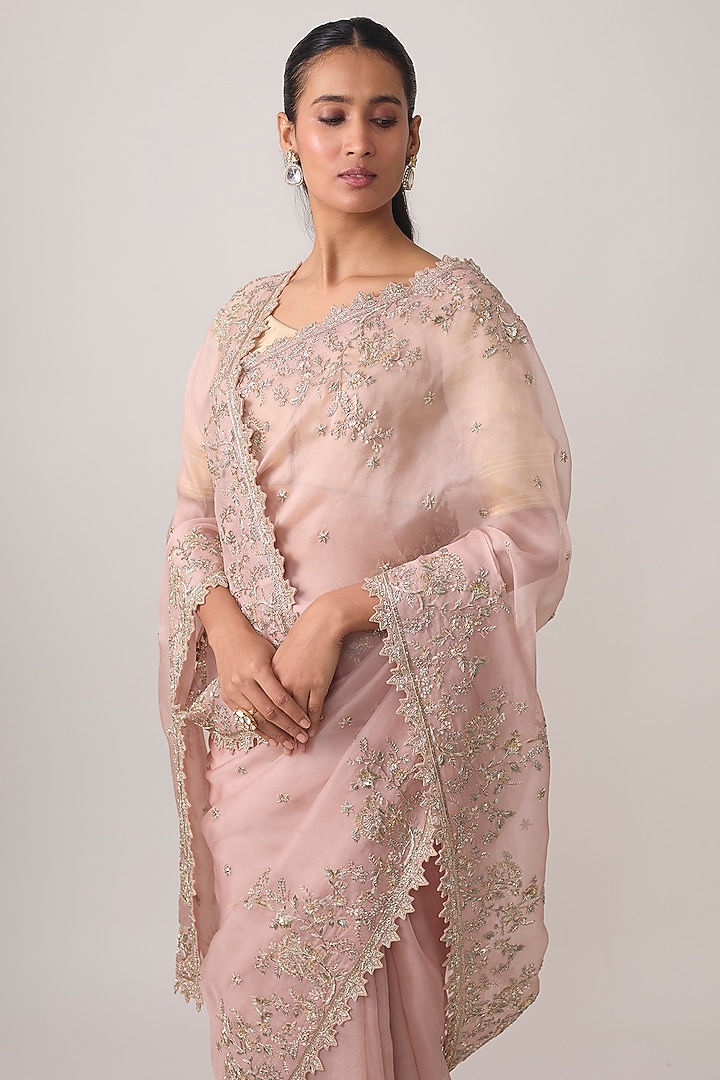 Blush Pink Organza Hand Embroidered Bridal Saree Set by Anushree Reddy at Pernia's Pop Up Shop