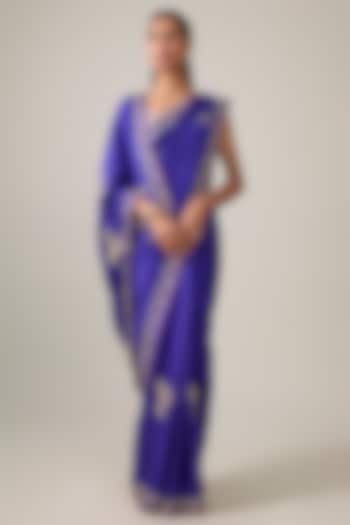 Royal Blue Dupion Silk Hand Embroidered Reception Saree Set by Anushree Reddy at Pernia's Pop Up Shop