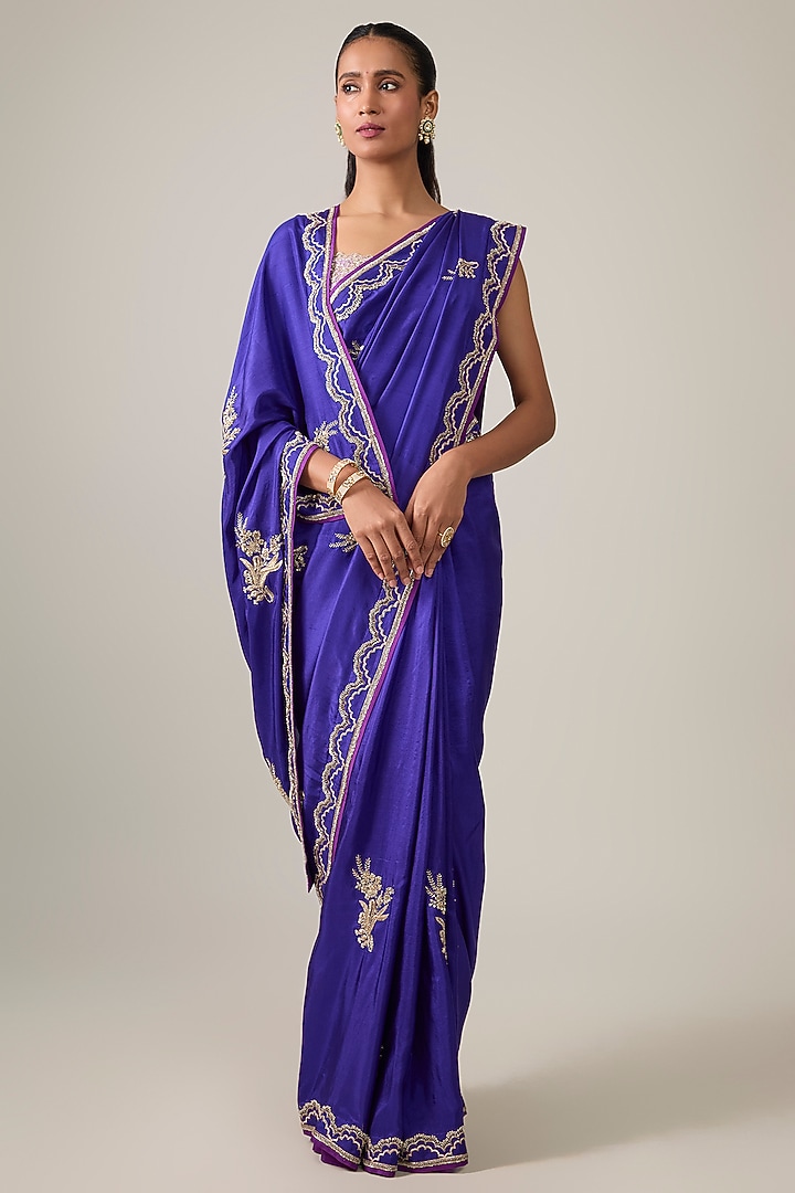 Royal Blue Dupion Silk Hand Embroidered Reception Saree Set by Anushree Reddy at Pernia's Pop Up Shop