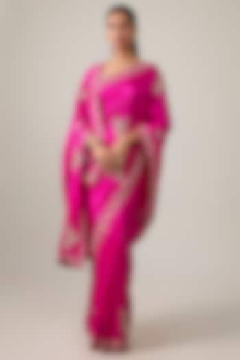 Hot Pink Dupion Silk Hand Embroidered Reception Saree Set by Anushree Reddy at Pernia's Pop Up Shop