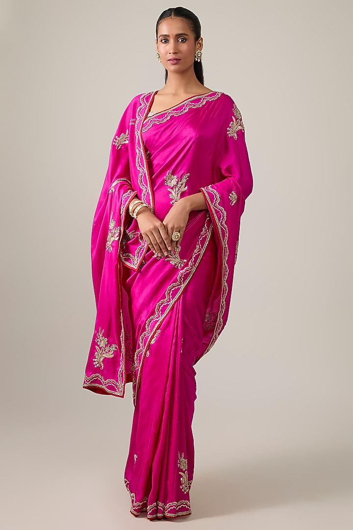 Hot Pink Dupion Silk Hand Embroidered Reception Saree Set by Anushree Reddy at Pernia's Pop Up Shop