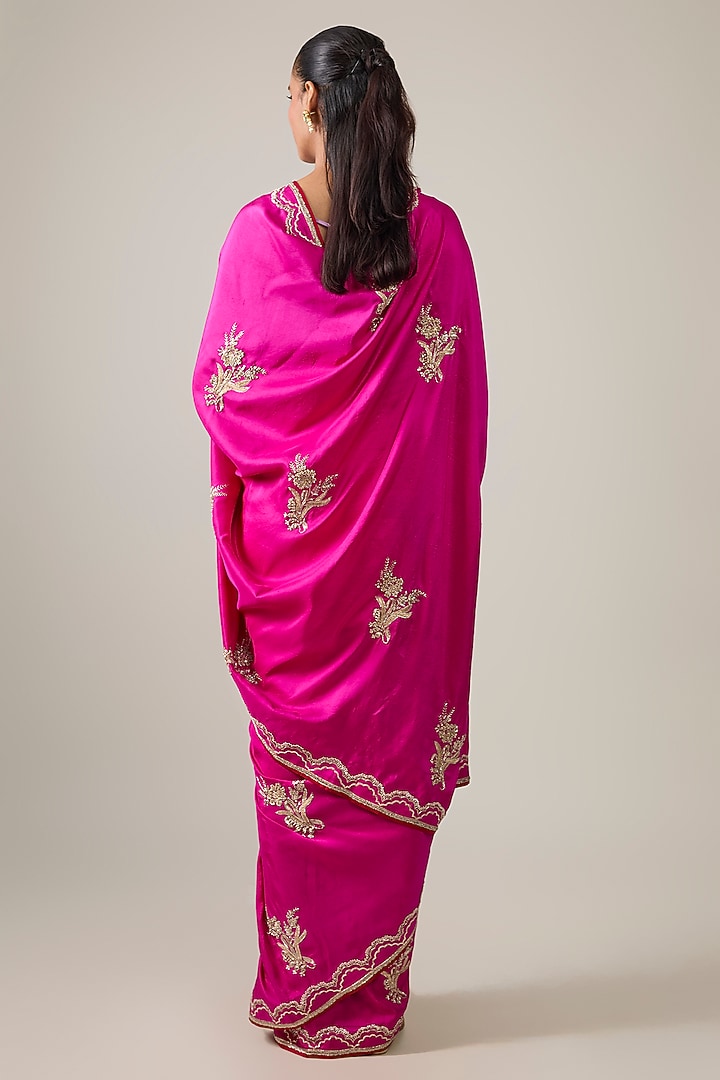 Hot Pink Dupion Silk Hand Embroidered Reception Saree Set by Anushree Reddy at Pernia's Pop Up Shop
