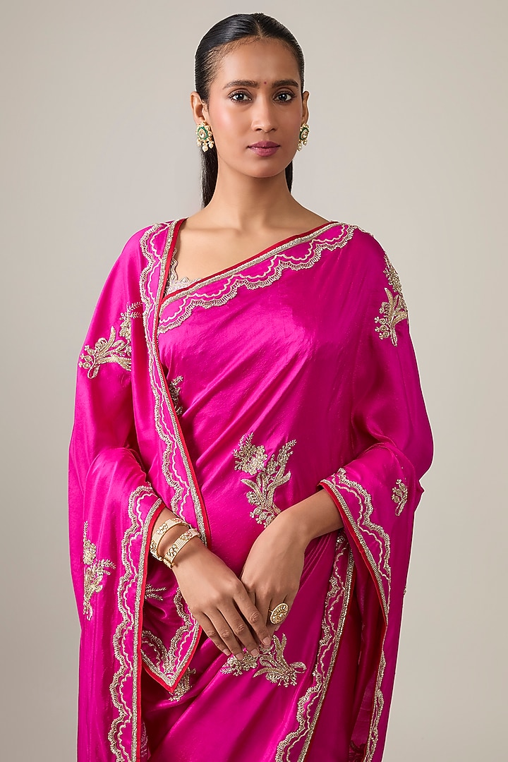 Hot Pink Dupion Silk Hand Embroidered Reception Saree Set by Anushree Reddy at Pernia's Pop Up Shop