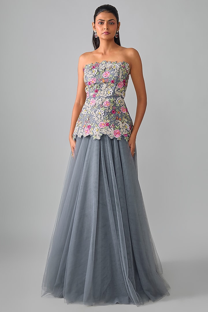 Grey Organza & Net Hand Embroidered Skirt Set by Anushree Reddy at Pernia's Pop Up Shop