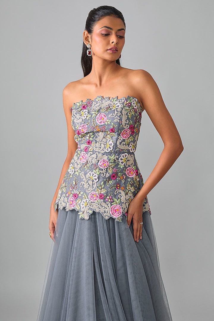 Grey Organza & Net Hand Embroidered Skirt Set by Anushree Reddy at Pernia's Pop Up Shop