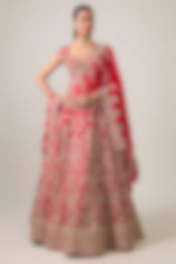 Red Raw Silk Hand Embroidered Bridal Bridal Lehenga Set by Anushree Reddy at Pernia's Pop Up Shop