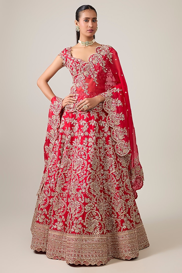 Red Raw Silk Hand Embroidered Bridal Bridal Lehenga Set by Anushree Reddy at Pernia's Pop Up Shop