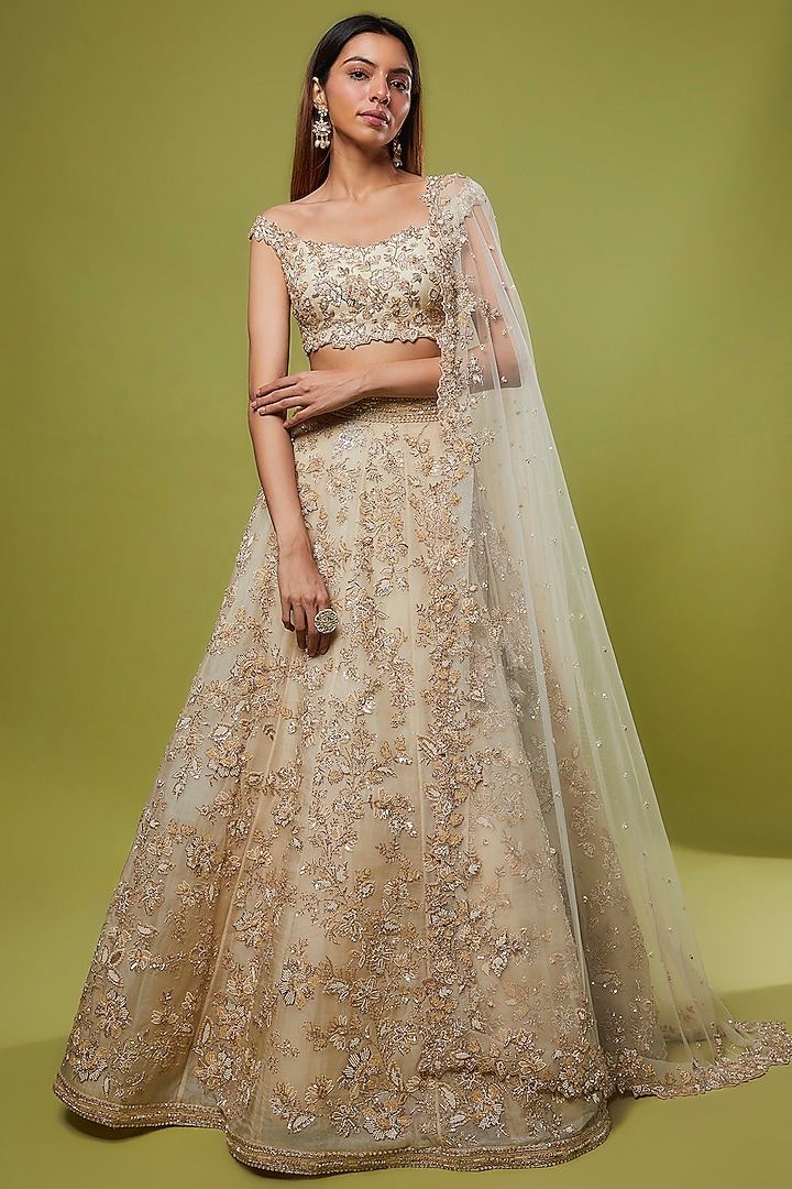 Ivory Organza Embroidered Lehenga Set by Anushree Reddy