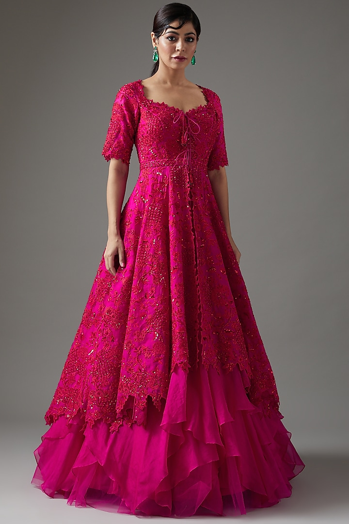 Red & Pink Embroidered Kurta With Slip by Anushree Reddy