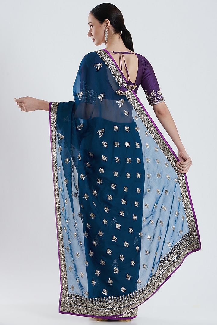 Midnight Blue Embroidered Reception Saree Set by Anushree Reddy at Pernia's Pop Up Shop