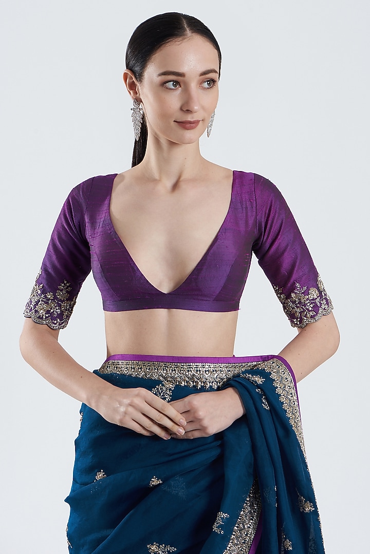 Midnight Blue Embroidered Reception Saree Set by Anushree Reddy at Pernia's Pop Up Shop