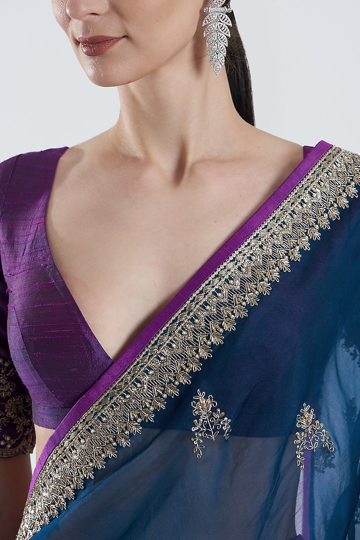 Midnight Blue Embroidered Reception Saree Set by Anushree Reddy at Pernia's Pop Up Shop