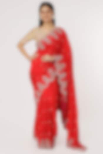 Red Dupion Silk Zardosi & Pearl Embroidered Saree Set by Anushree Reddy