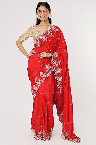 Red Dupion Silk Zardosi & Pearl Embroidered Saree Set by Anushree Reddy