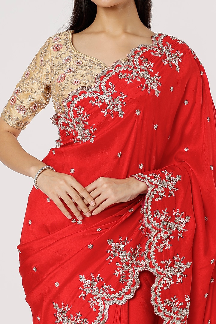 Red Dupion Silk Zardosi & Pearl Embroidered Reception Saree Set by Anushree Reddy at Pernia's Pop Up Shop