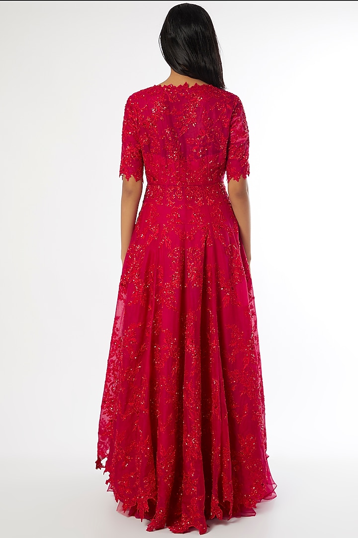 Red Embroidered Kurta With Frilled Slip by Anushree Reddy at Pernia's Pop Up Shop
