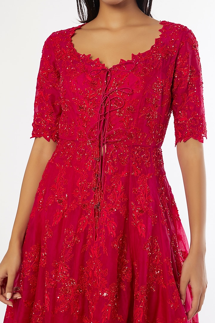 Red Embroidered Kurta With Frilled Slip by Anushree Reddy at Pernia's Pop Up Shop