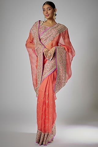 Peach Organza Embroidered Saree Set by Anushree Reddy