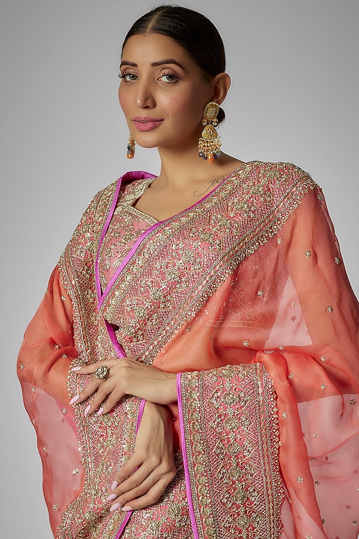 Peach Organza Embroidered Bridal Saree Set by Anushree Reddy at Pernia's Pop Up Shop