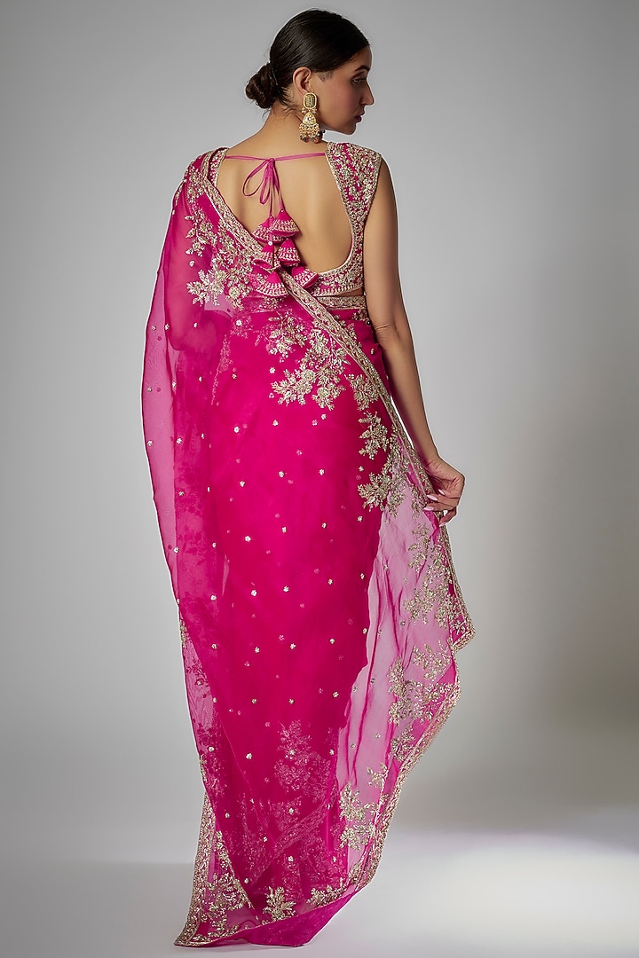 Pink Organza Embroidered Bridal Saree Set by Anushree Reddy at Pernia's Pop Up Shop