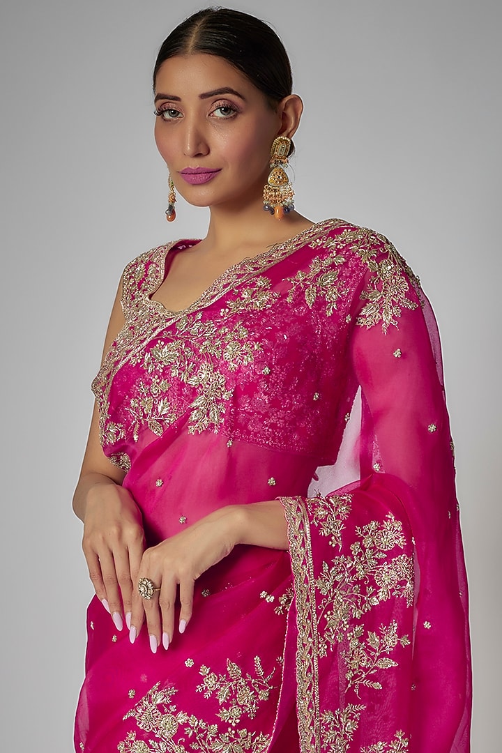 Pink Organza Embroidered Bridal Saree Set by Anushree Reddy at Pernia's Pop Up Shop
