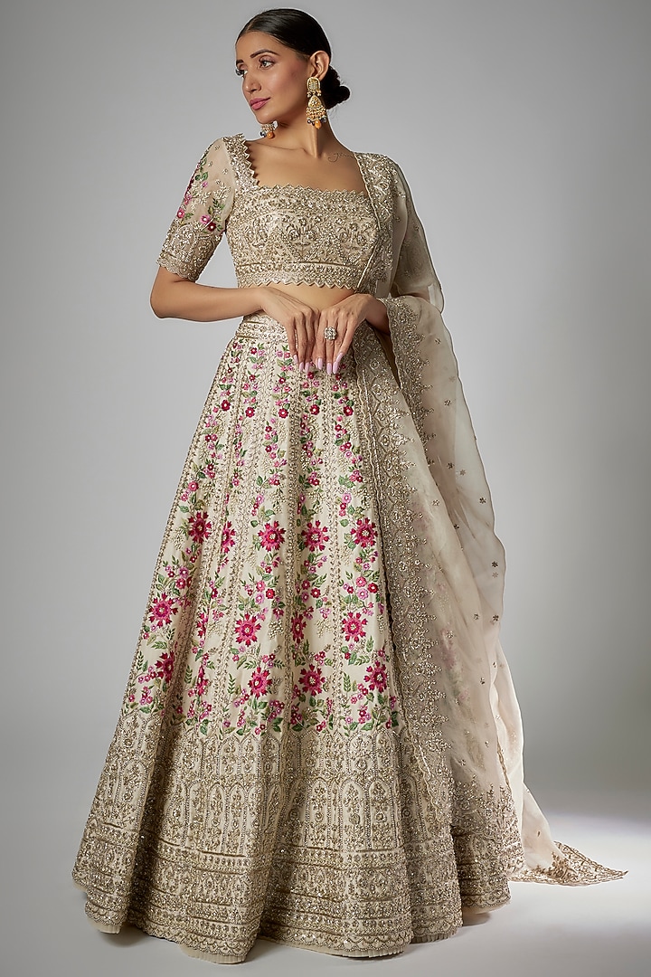 Ivory Organza Embroidered Bridal Lehenga Set by Anushree Reddy at Pernia's Pop Up Shop
