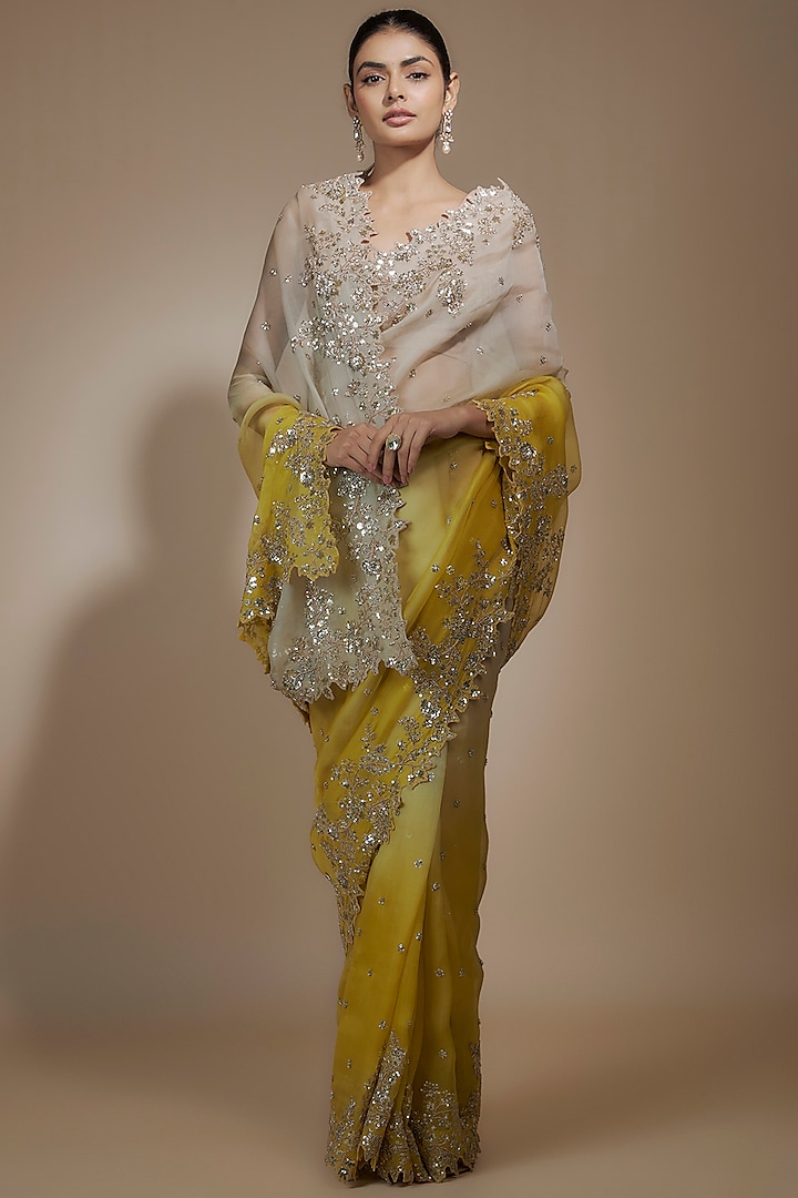 Ivory & Yellow Organza Ombre Sequins Hand Embroidered Saree Set by Anushree Reddy