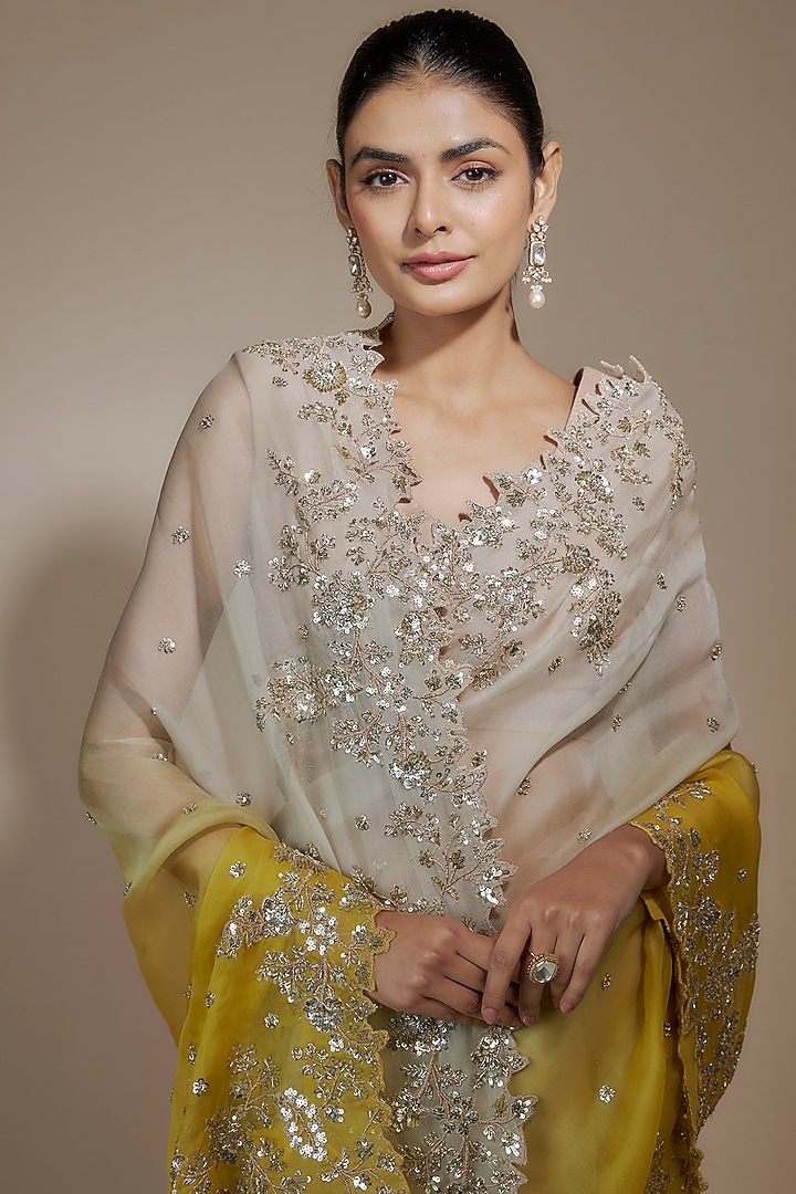 Ivory & Yellow Organza Ombre Sequins Hand Embroidered Reception Saree Set by Anushree Reddy at Pernia's Pop Up Shop