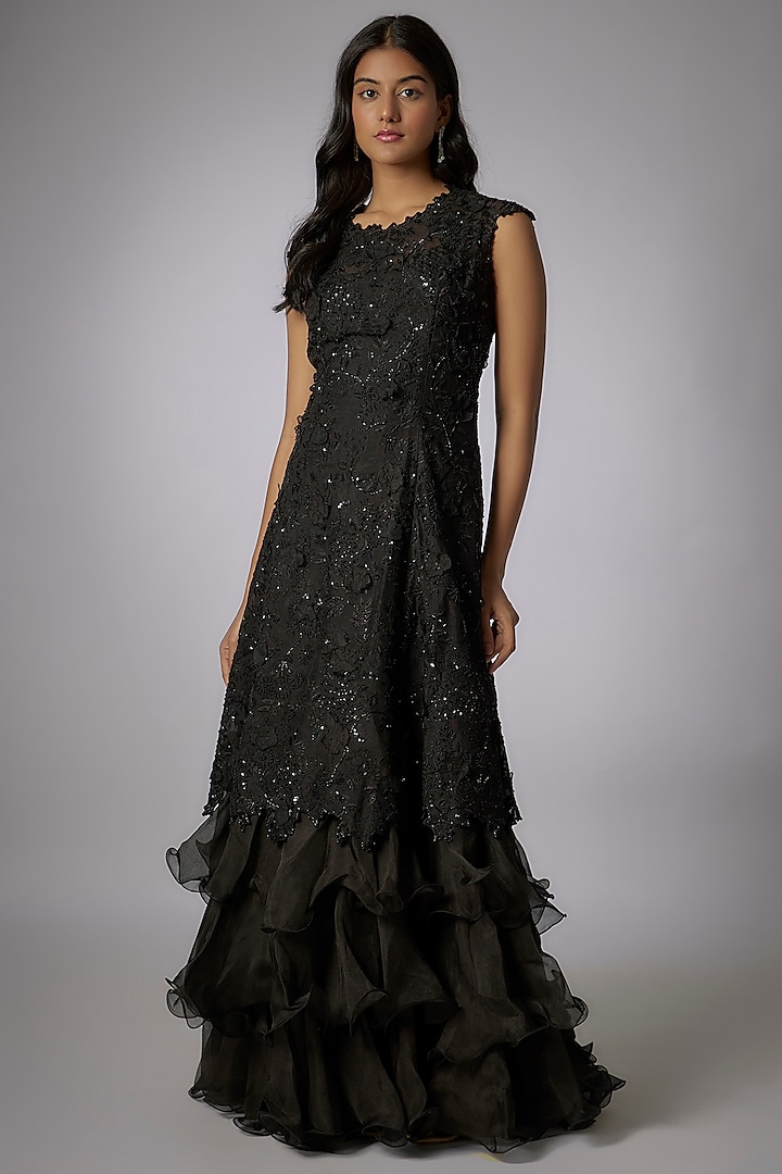 Black Organza Crepe Cutdana Embroidered Gown by Anushree Reddy
